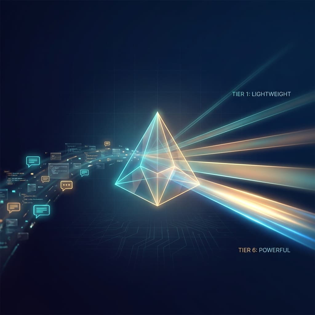 A glowing decision node fanning six light beams across six coding tiers β AutoZorg JEV routing