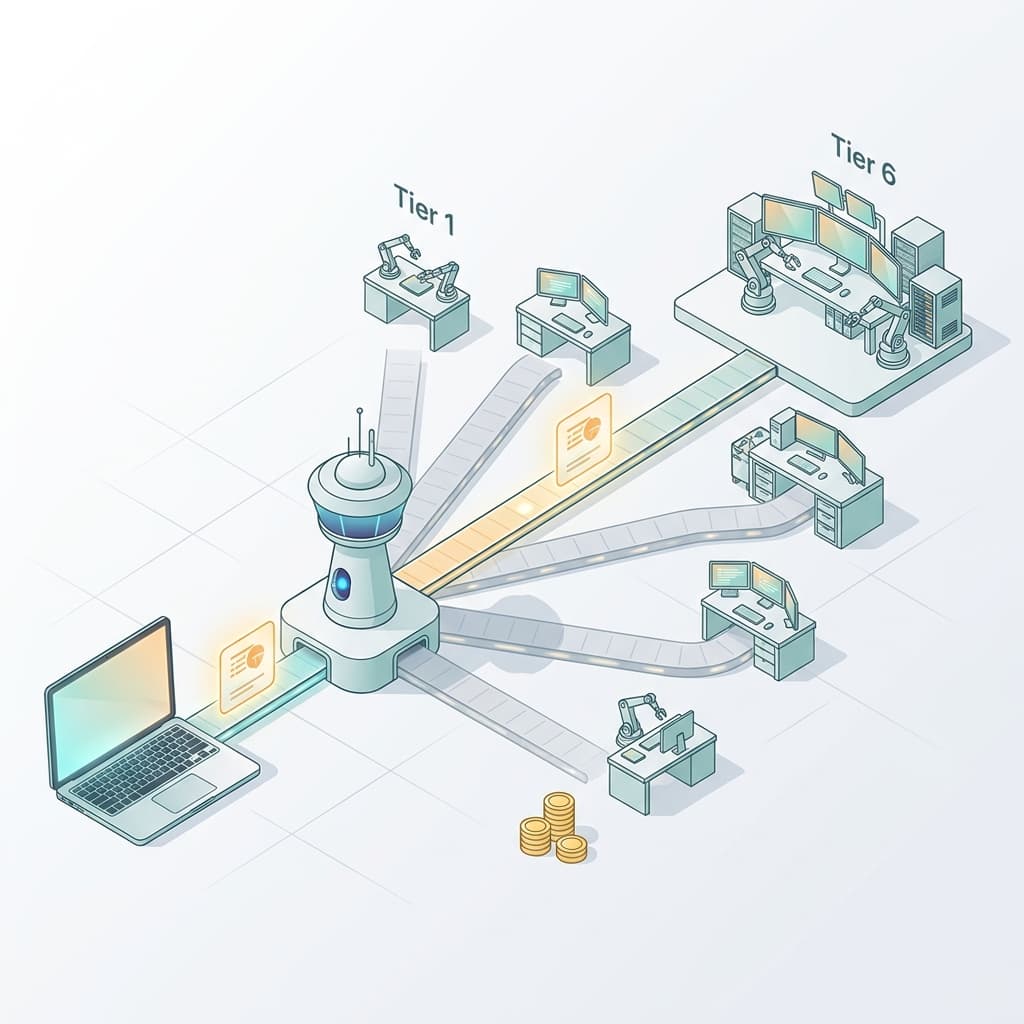 Isometric diagram: a task card routed through a central router hub to one of six tiered workstations