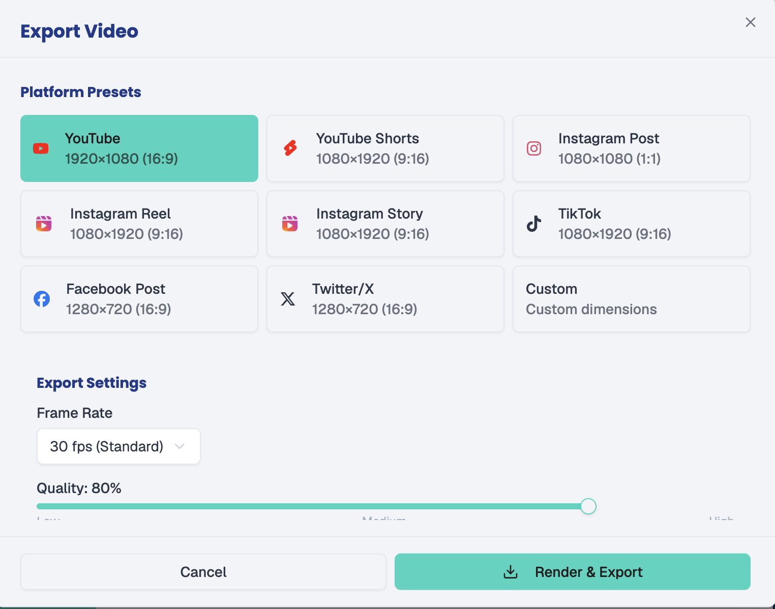 Export Panel — platform preset, frame rate (30 fps), and quality level settings before rendering